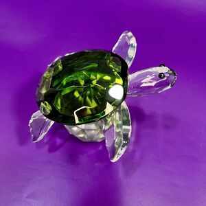 Glass Faceted Crystal GREEN TURTLE  Paperweight Decor Clear Ball base